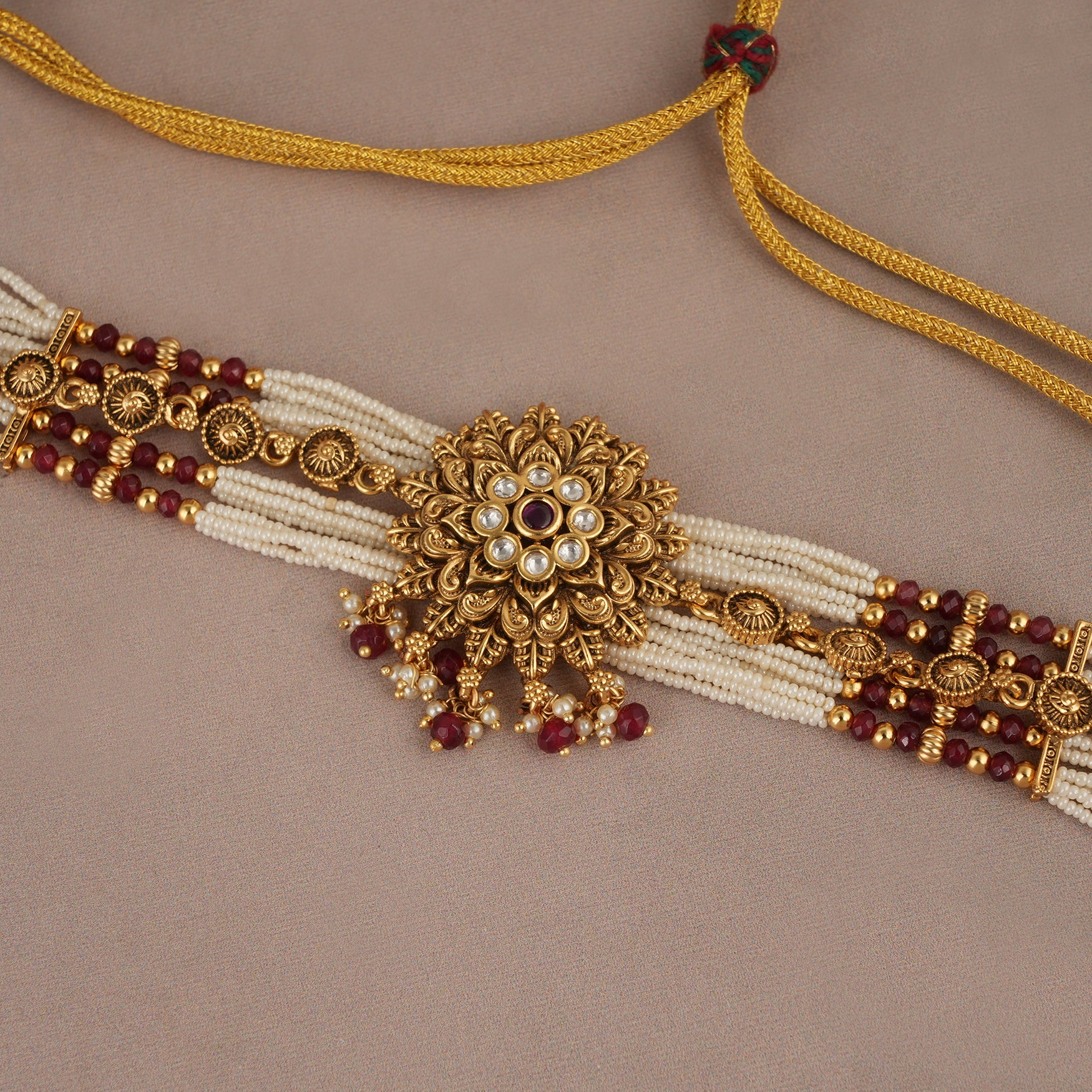Stunning antique gold ruby choker set for women with earring