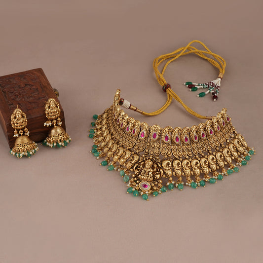Gorgeous antique gold maa lakshmi choker necklace set for women | Temple jewellery