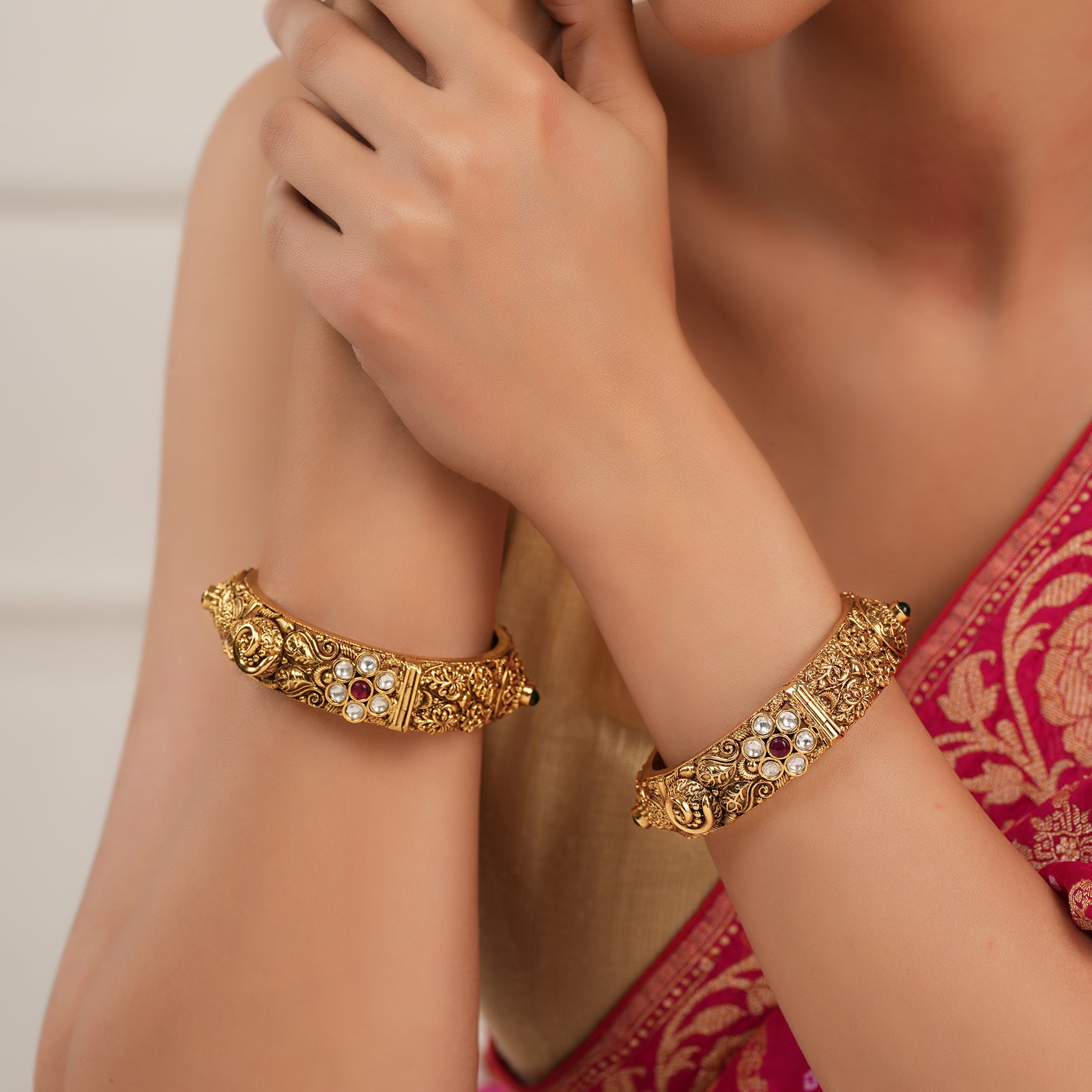 Broad antique gold stone openable  bangle set for women