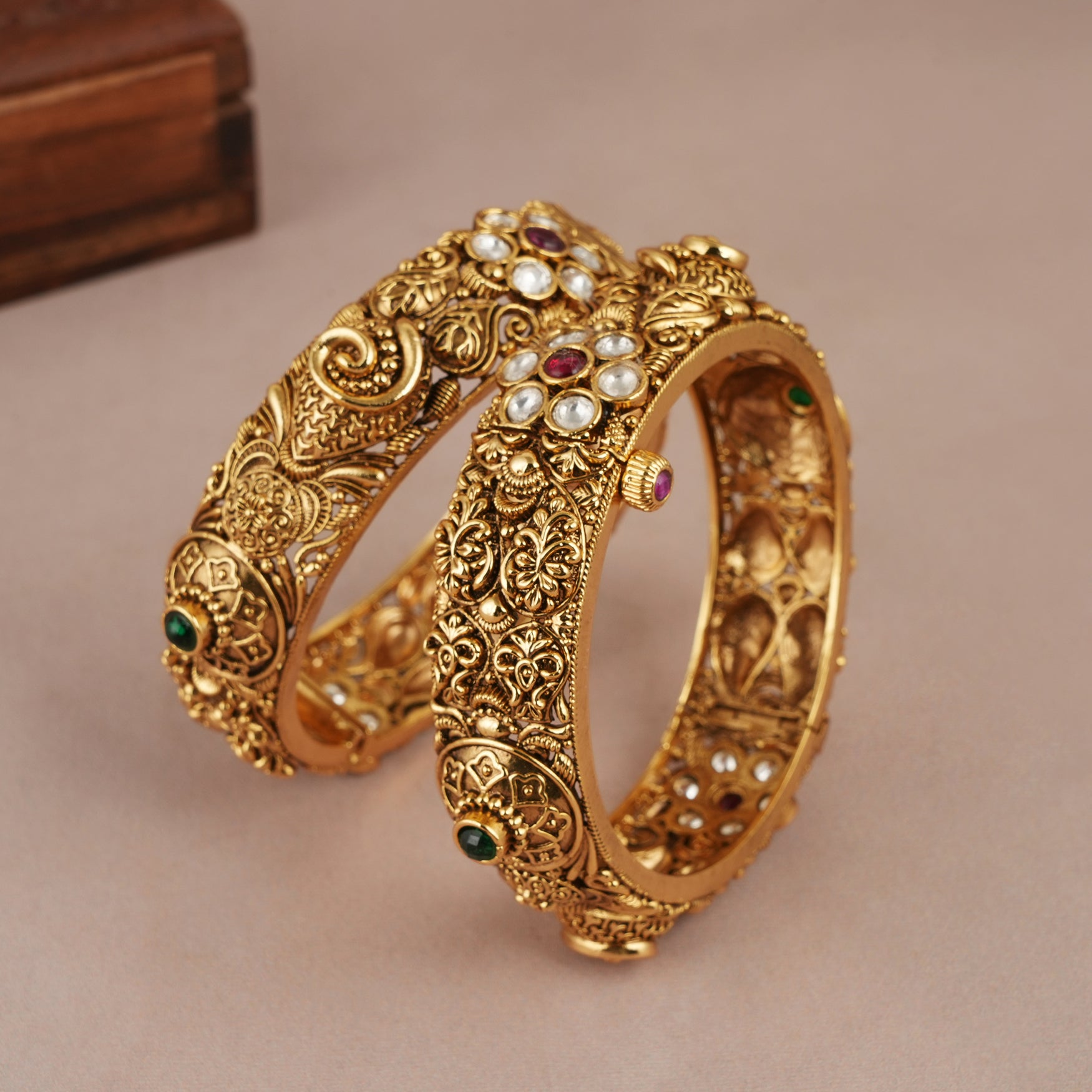 Broad antique gold stone openable  bangle set for women