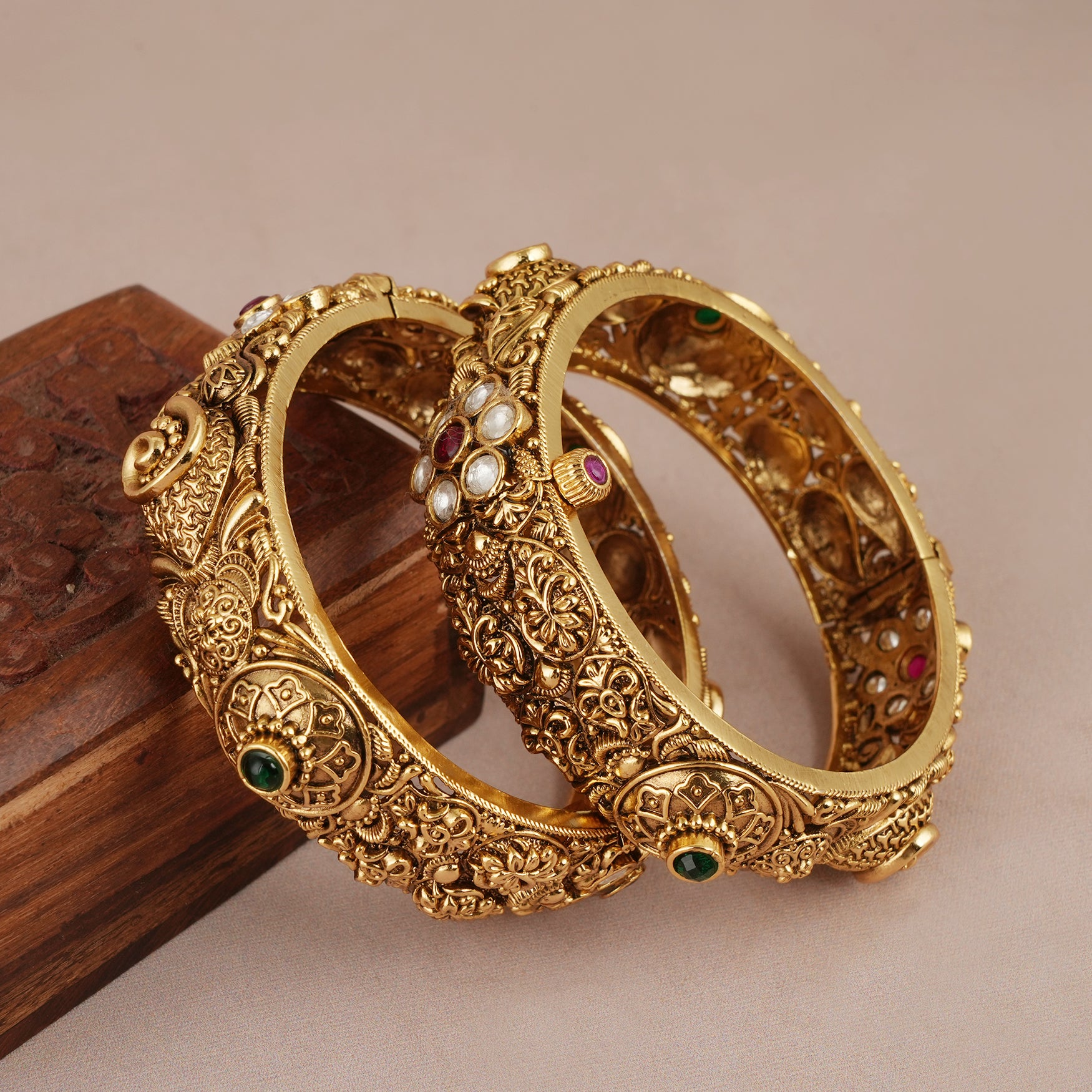 Broad antique gold stone openable  bangle set for women