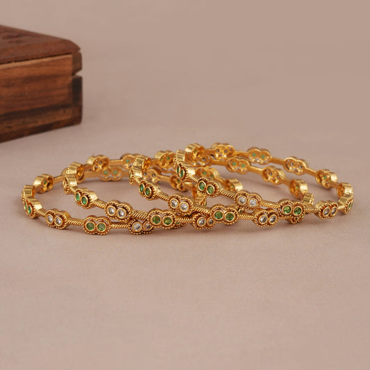Elegant antique gold plated green stone kundan bangle set for women (set of 4)