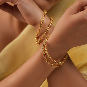 Elegant antique gold plated green stone kundan bangle set for women (set of 4)