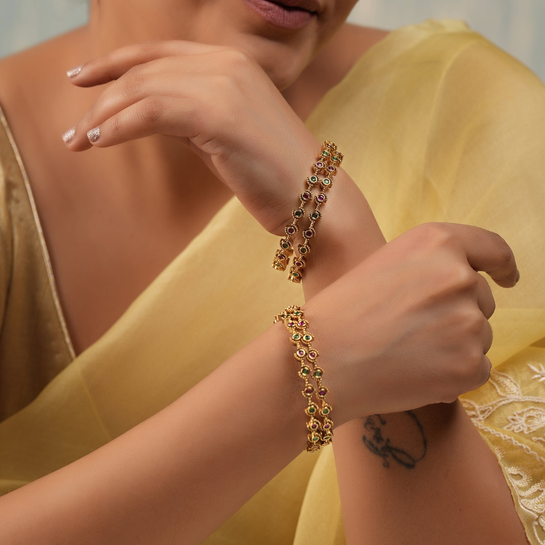 Stunning cute elegant antique gold plated multicolor stone bangle set for women