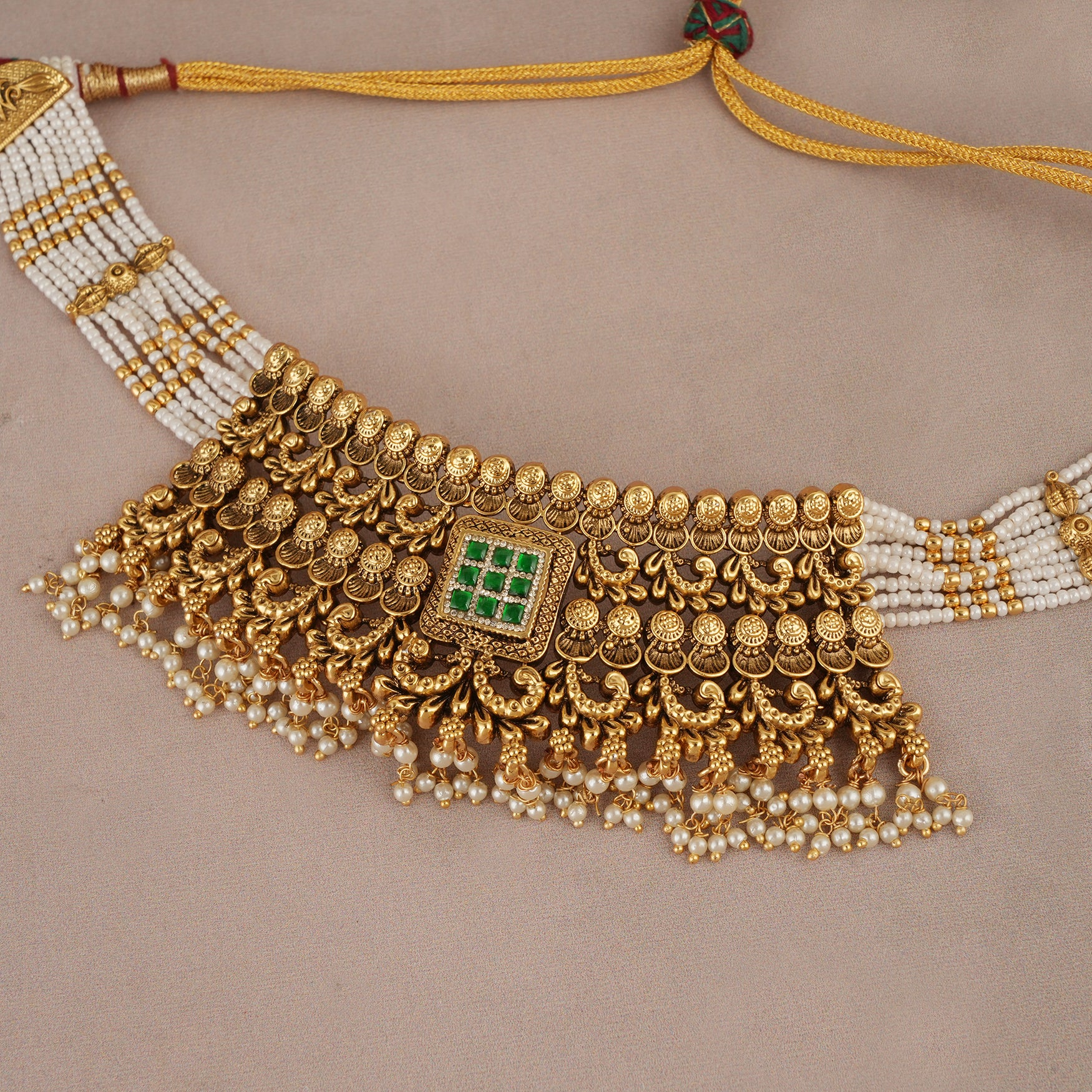 Amazing antique gold pearl drop choker necklace set for women