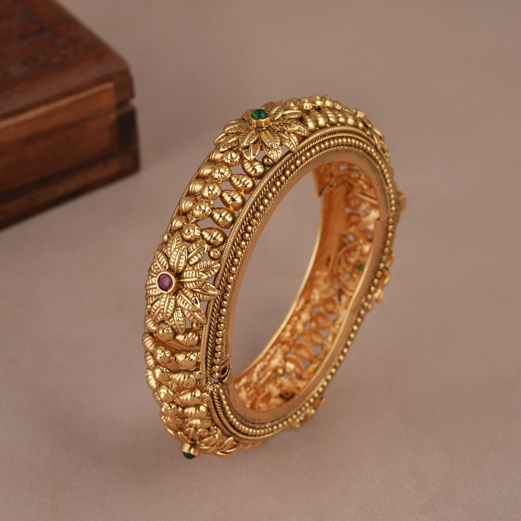 Floral antique gold stone antique kada bangle for women