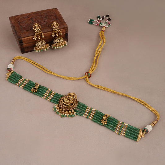 Stunning emerald stone maa lakshmi necklace set for women | Temple jewellery