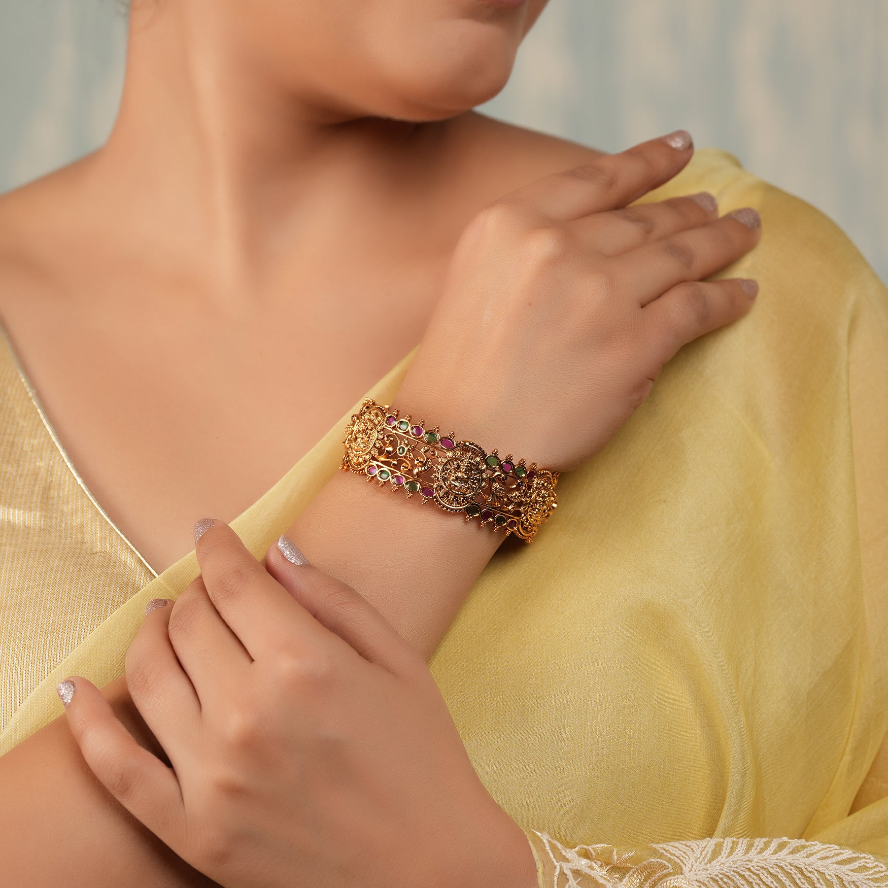 Beautiful broad gold plated stone lakshmi kada for women | Temple jewellery