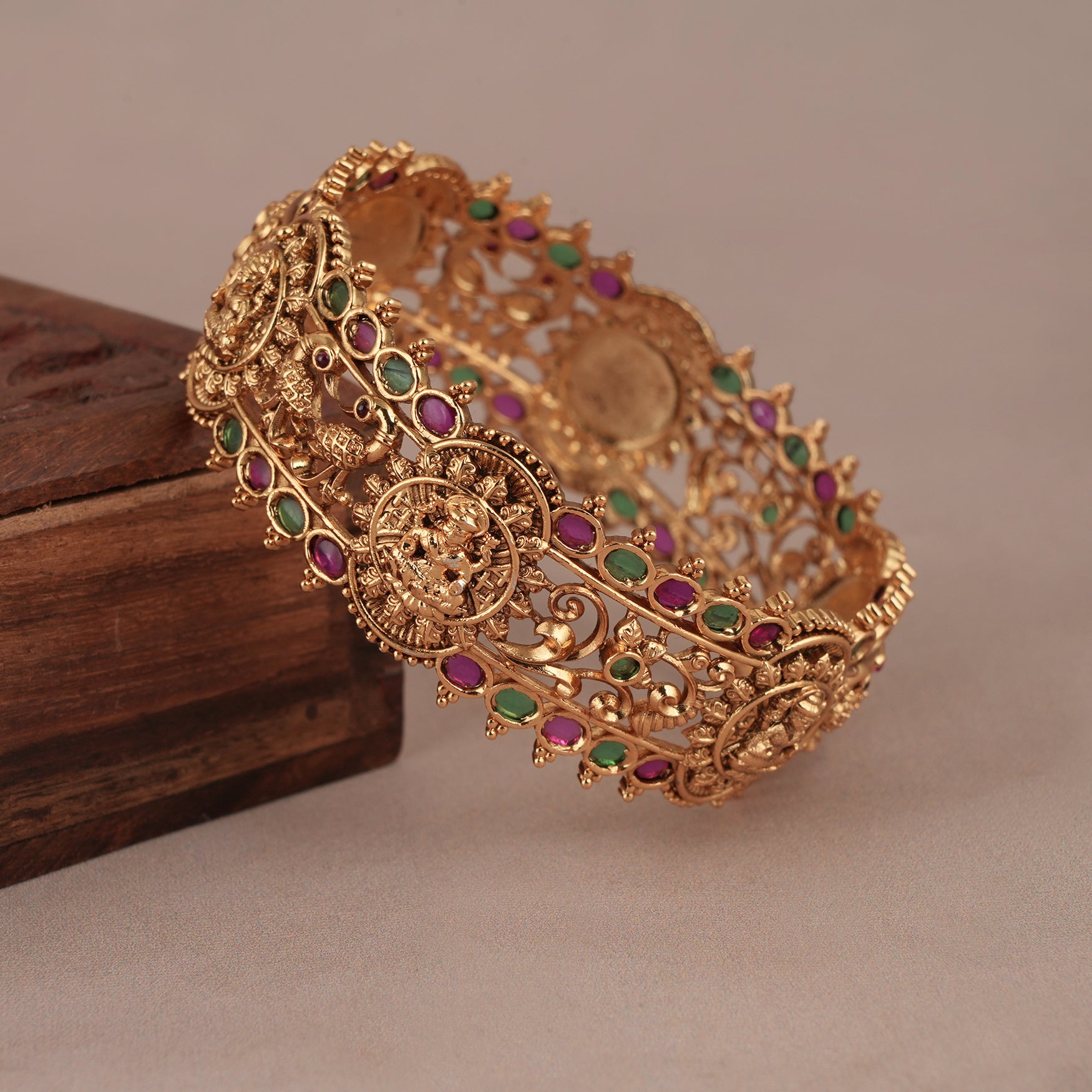 Beautiful broad gold plated stone lakshmi kada for women | Temple jewellery