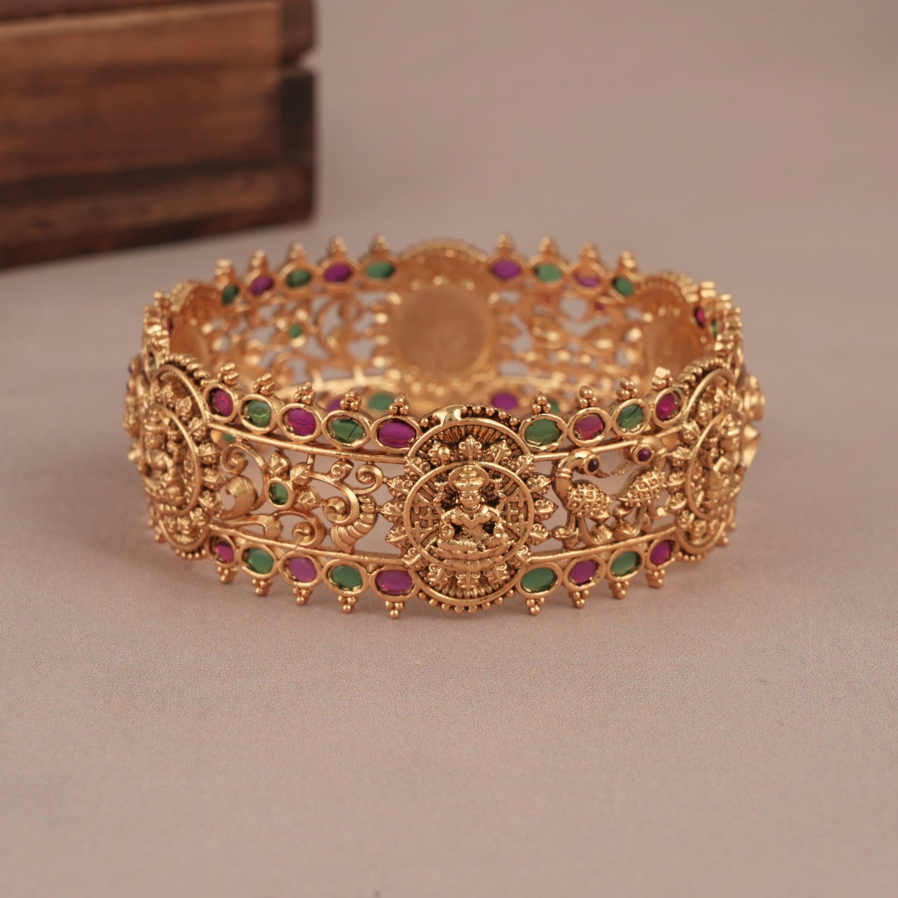 Beautiful broad gold plated stone lakshmi kada for women | Temple jewellery