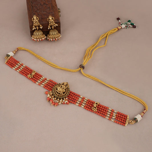 Stunning coral stone maa lakshmi necklace set for women | Temple jewellery