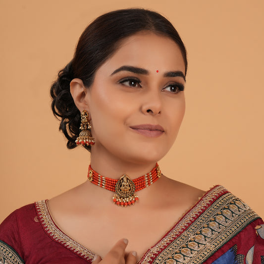 Stunning coral stone maa lakshmi necklace set for women | Temple jewellery