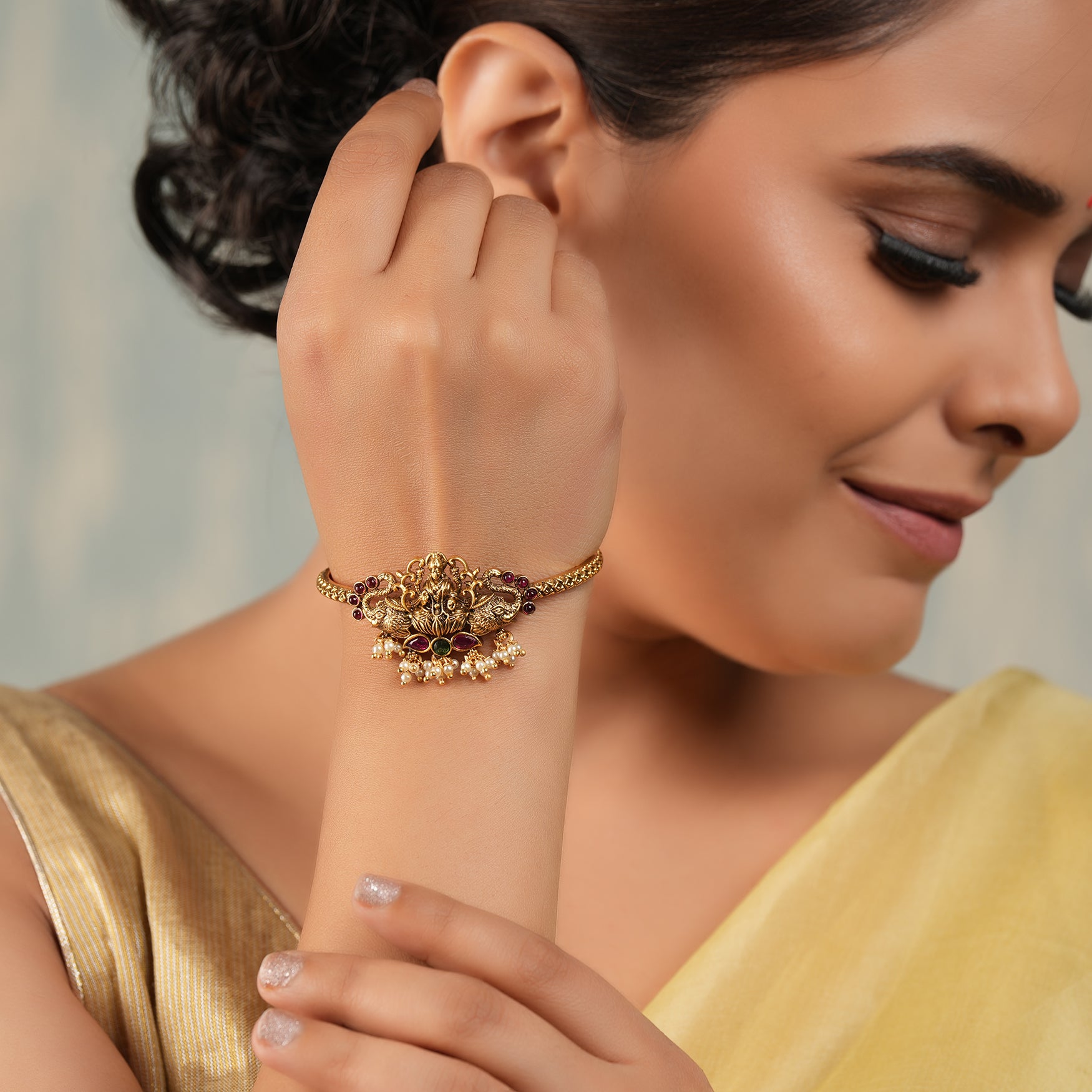 Elegant antique gold maa lakshmi stone kada bangle | Temple jewellery