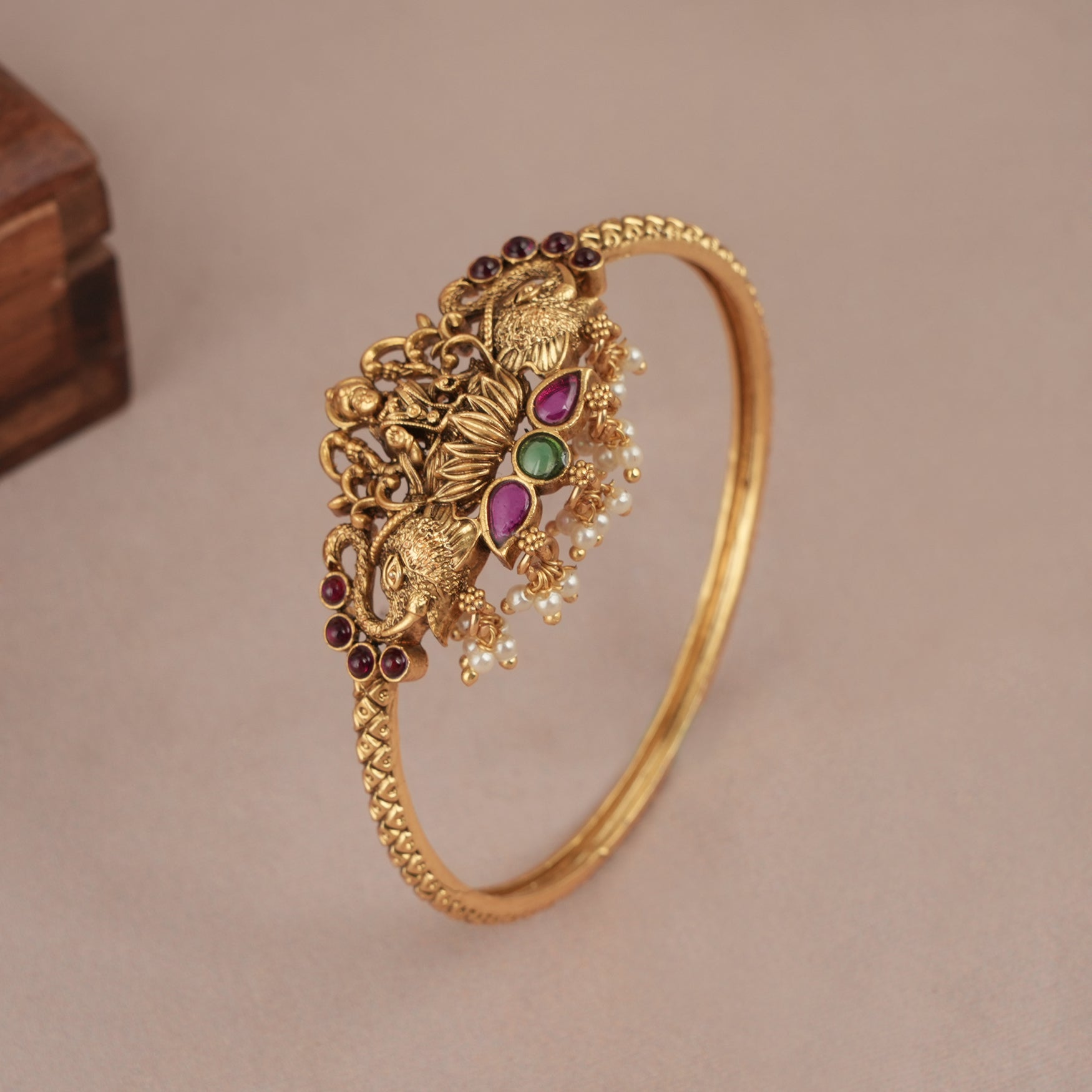 Elegant antique gold maa lakshmi stone kada bangle | Temple jewellery