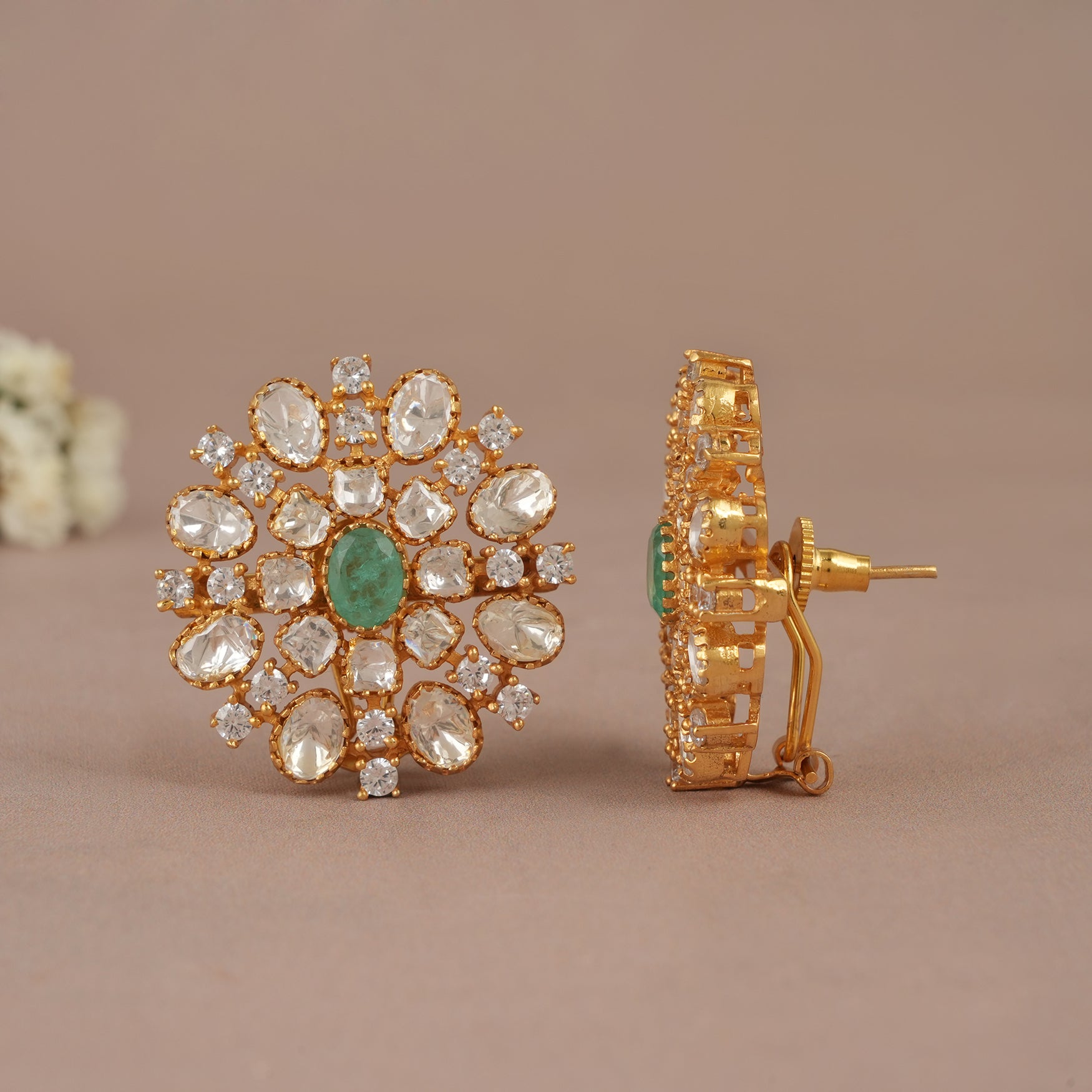 Amazing antique gold bold kundan stud for women