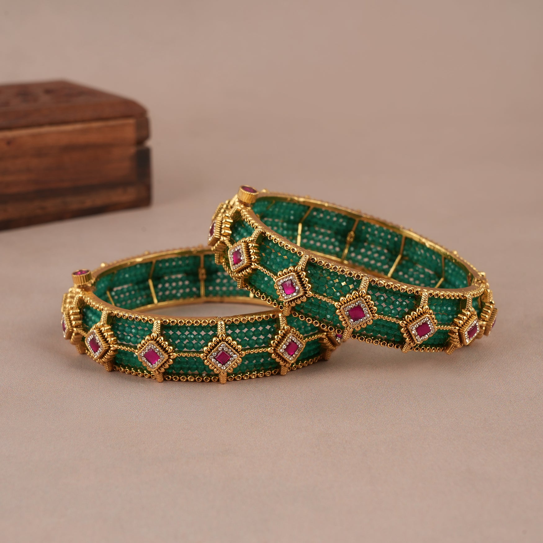Amazing antique gold green stone bangle set