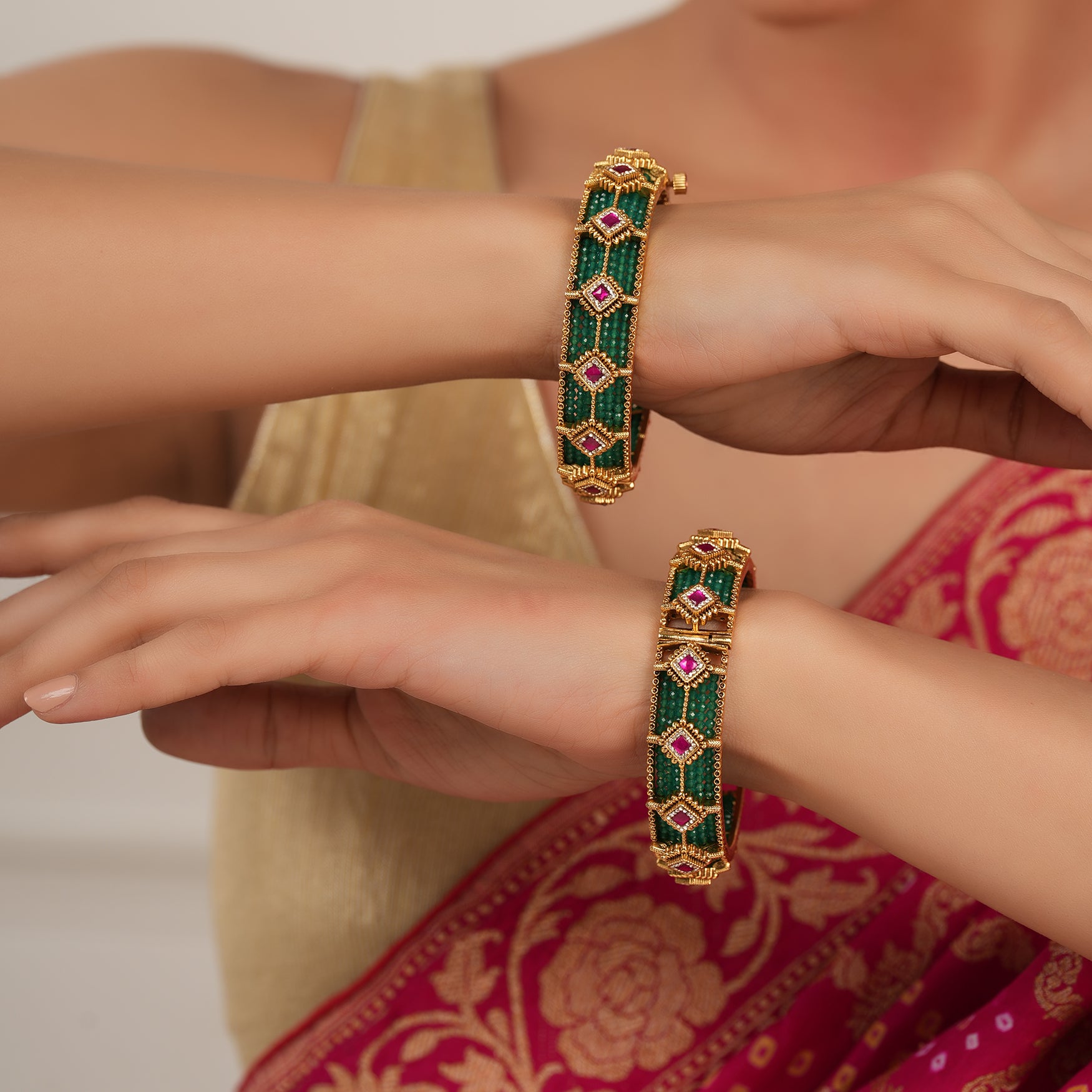 Amazing antique gold green stone bangle set