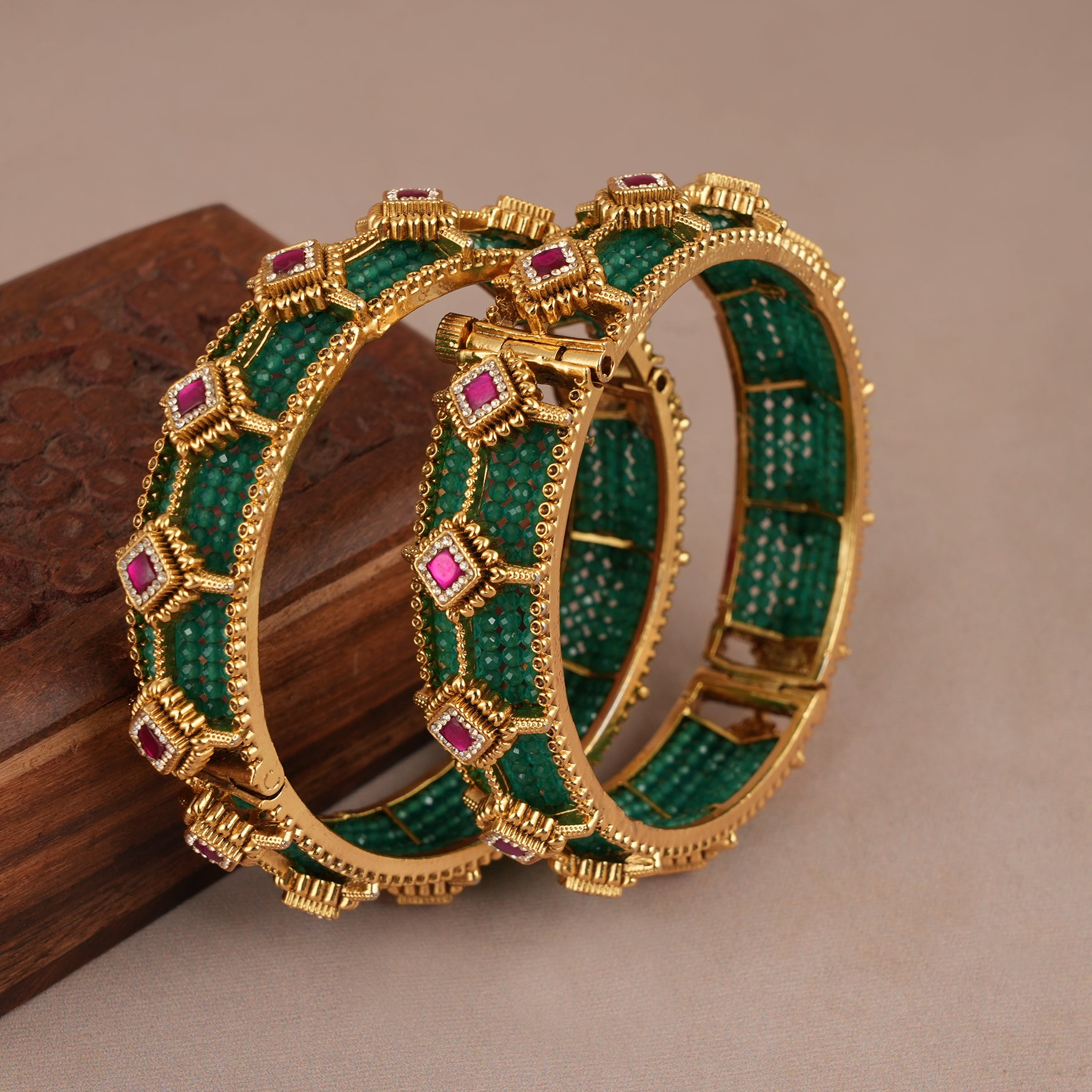 Amazing antique gold green stone bangle set