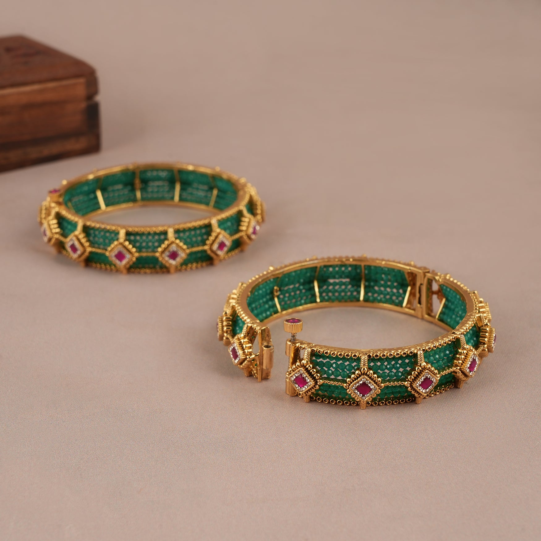 Amazing antique gold green stone bangle set