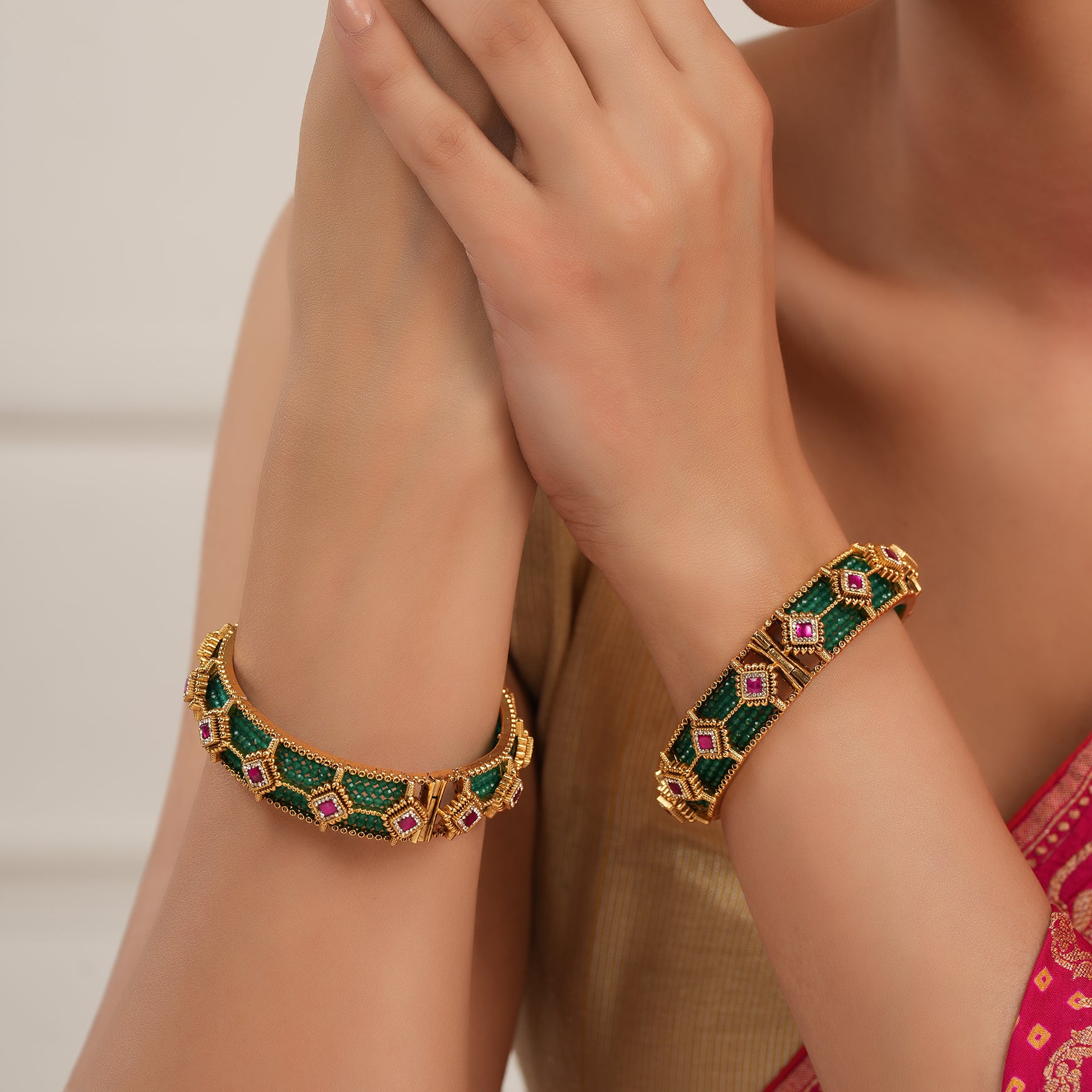 Amazing antique gold green stone bangle set