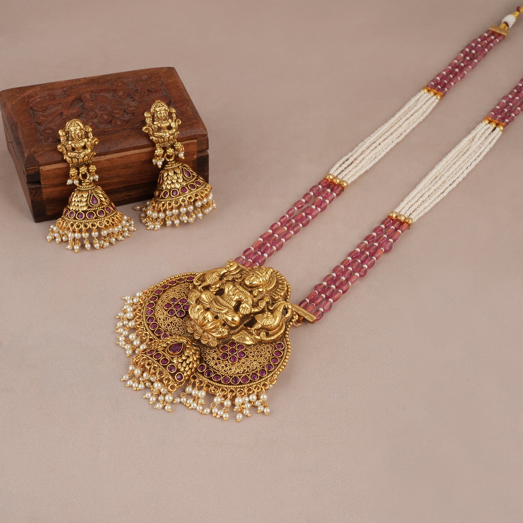 Long antique gold traditional ma lakshmi stone necklace set for women | Temple jewellery
