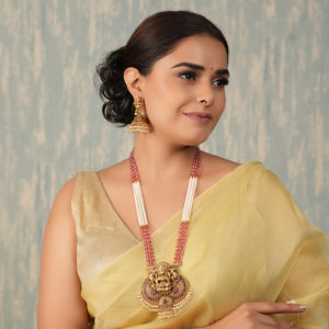 Long antique gold traditional ma lakshmi stone necklace set for women | Temple jewellery