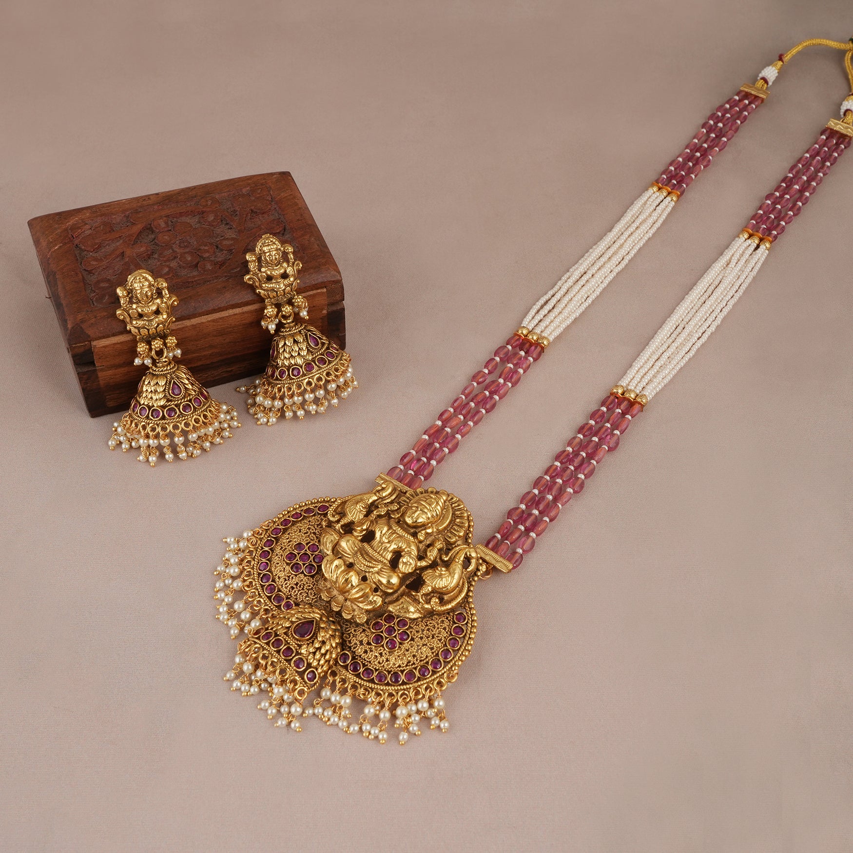 Long antique gold traditional ma lakshmi stone necklace set for women | Temple jewellery