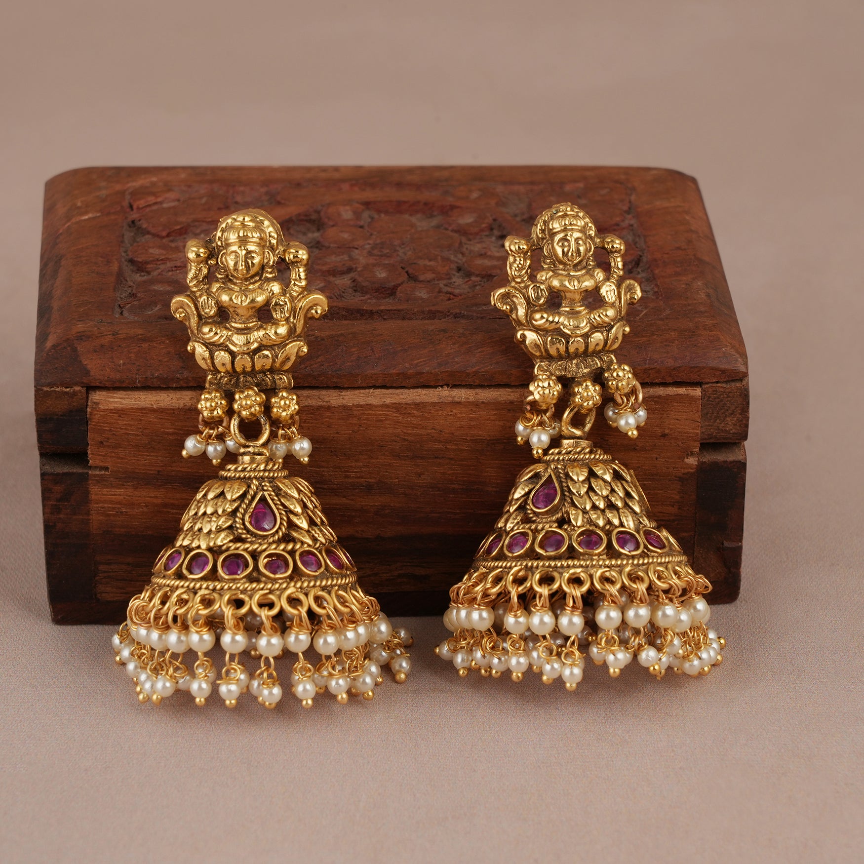 Long antique gold traditional ma lakshmi stone necklace set for women | Temple jewellery