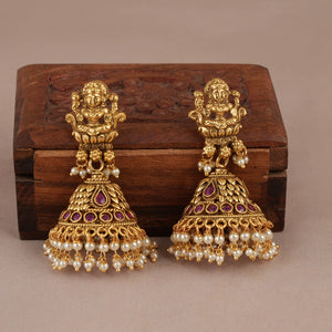 Long antique gold traditional ma lakshmi stone necklace set for women | Temple jewellery