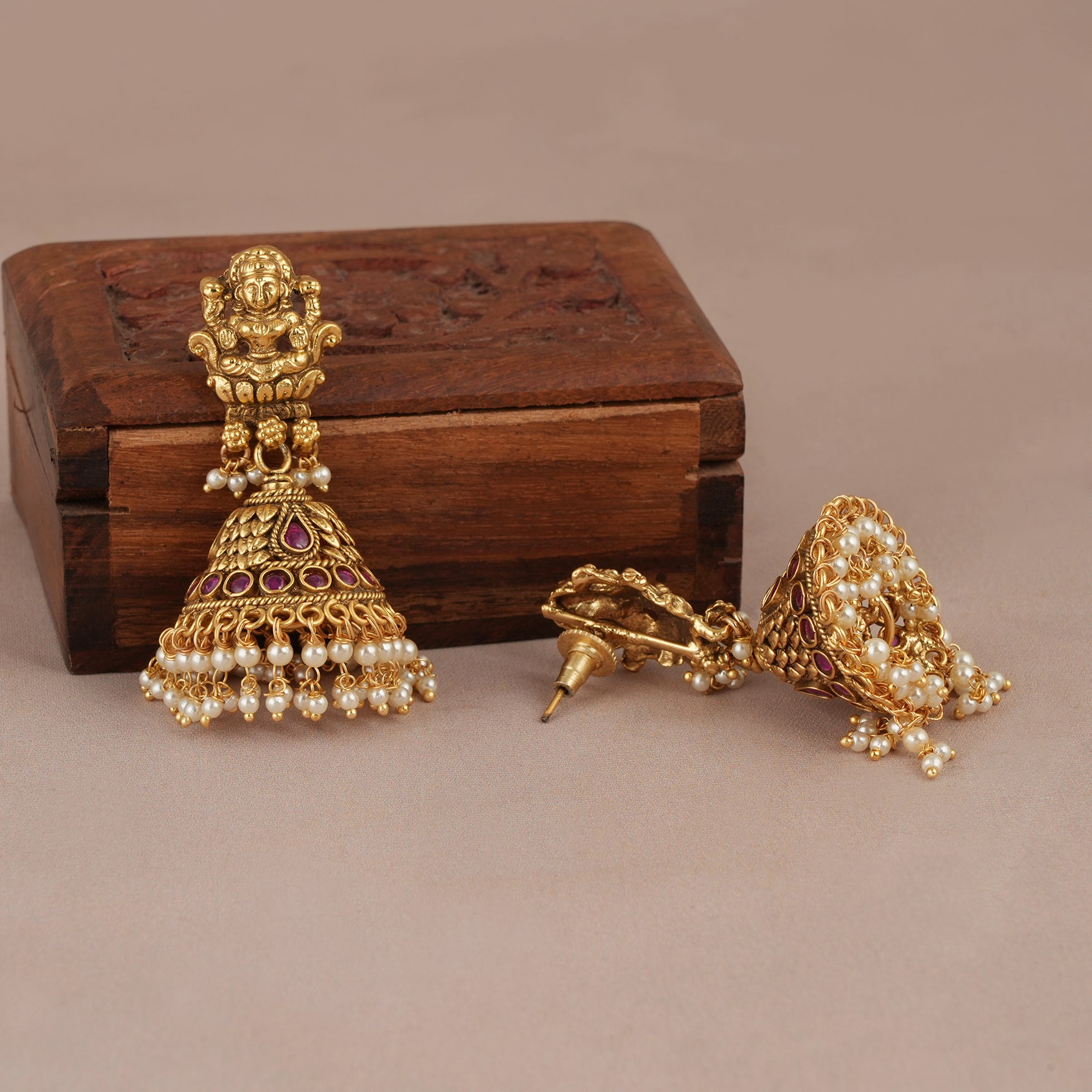 Long antique gold traditional ma lakshmi stone necklace set for women | Temple jewellery