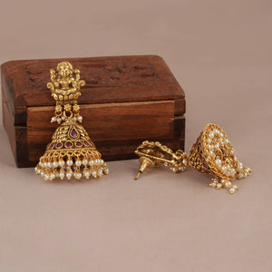 Long antique gold traditional ma lakshmi stone necklace set for women | Temple jewellery