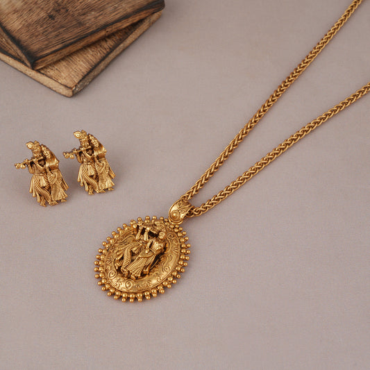 Stunning antique gold Radha Krishna pendant set I Temple jewellery