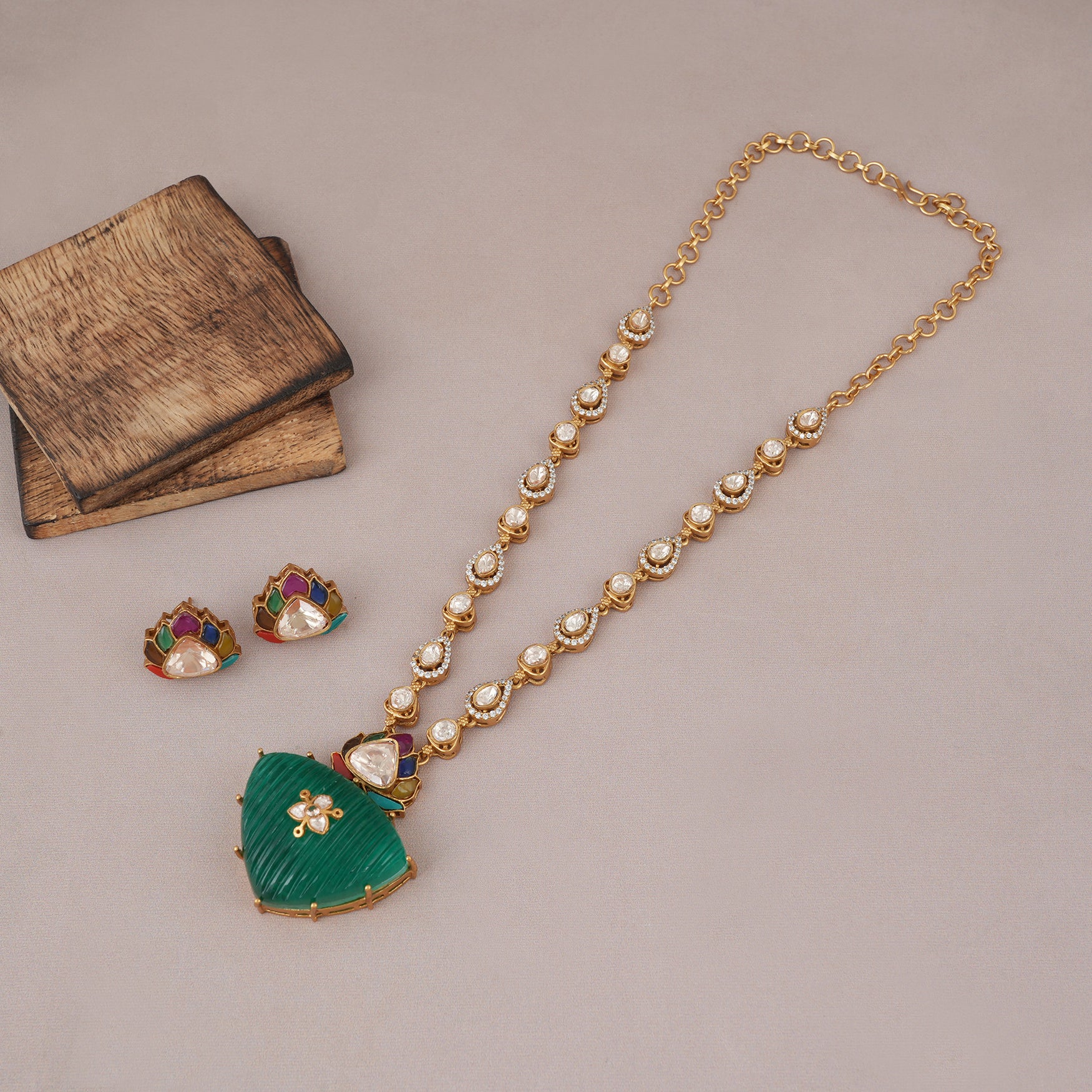 Stunning long multicolor emerald kundan pendant set