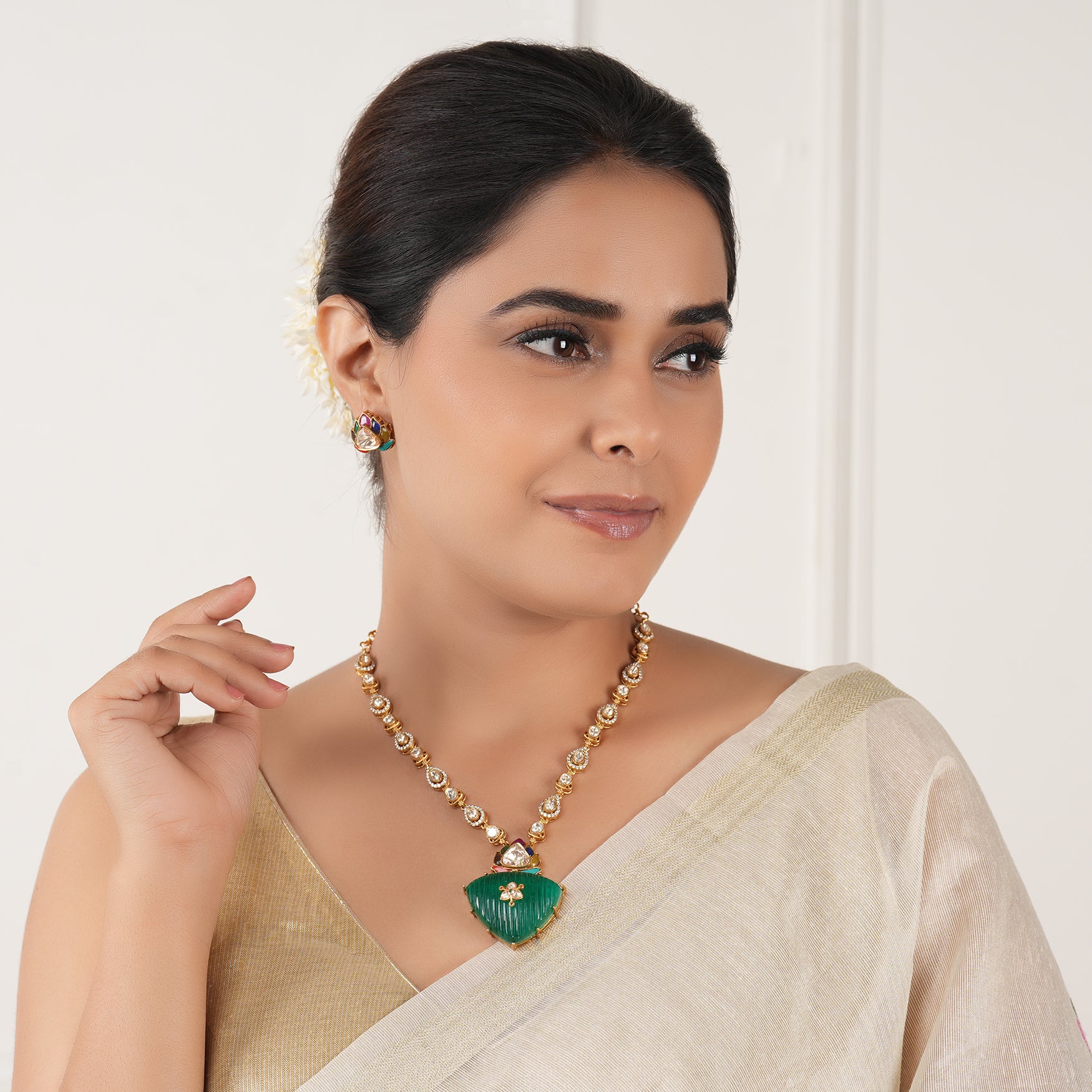 Stunning long multicolor emerald kundan pendant set