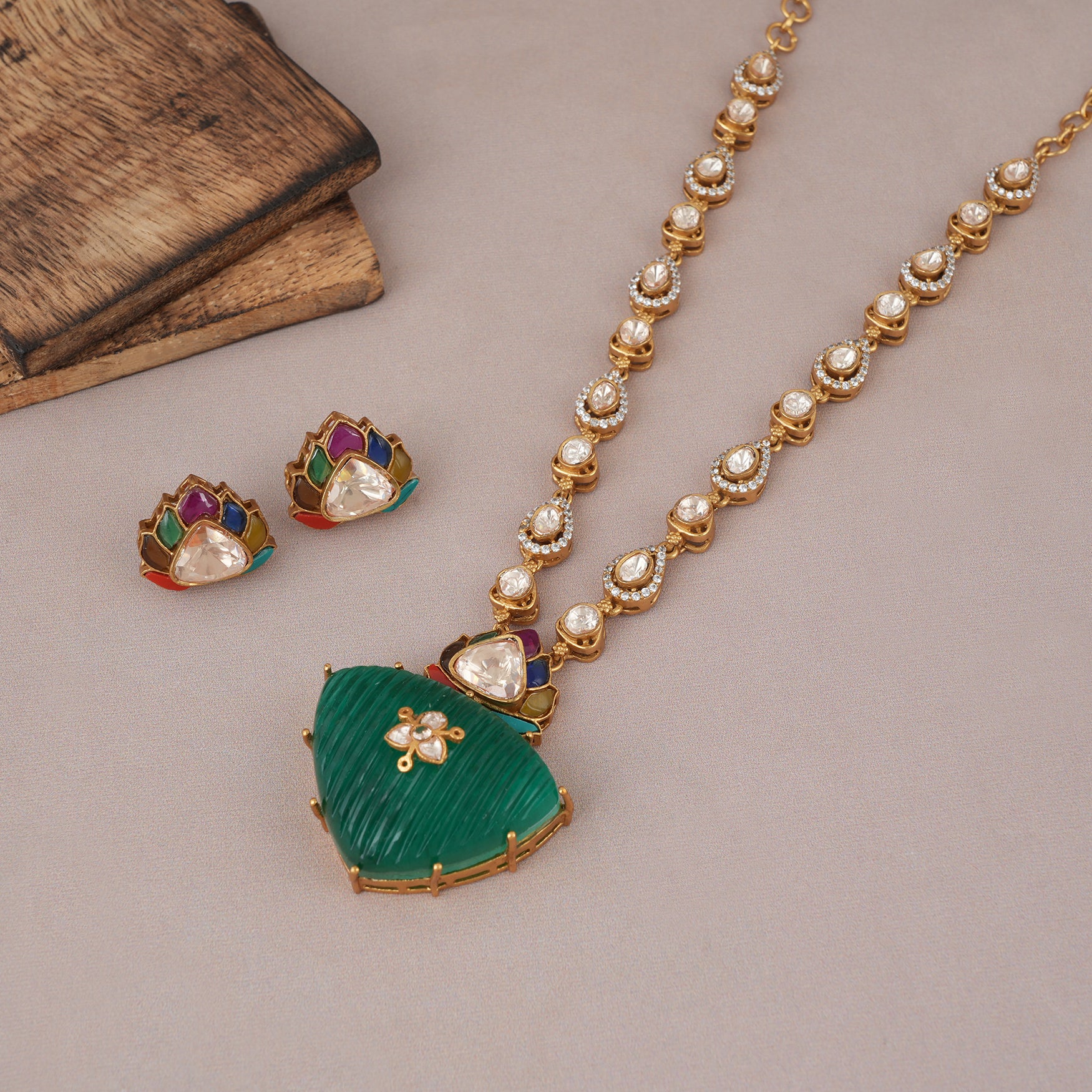 Stunning long multicolor emerald kundan pendant set
