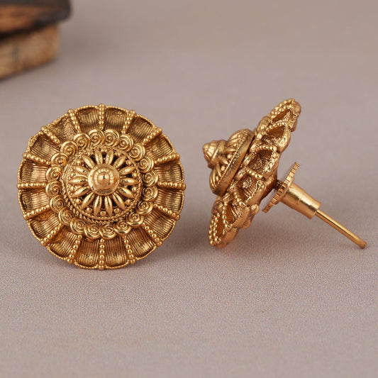 Round antique gold floral stud earring