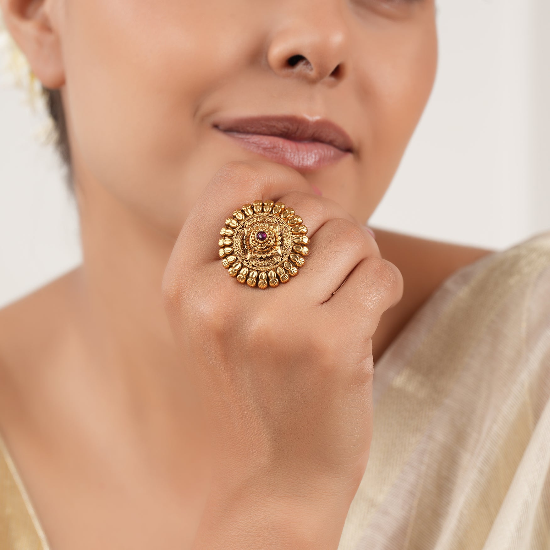 Stunning round floral ruby adjustable finger ring