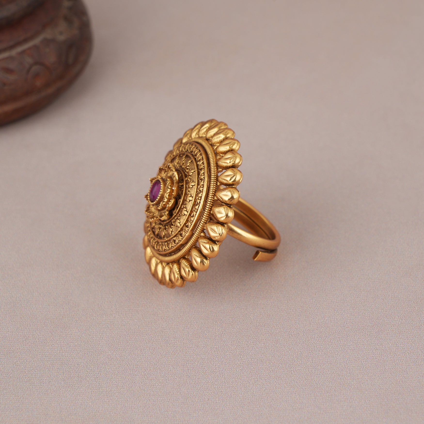Stunning round floral ruby adjustable finger ring