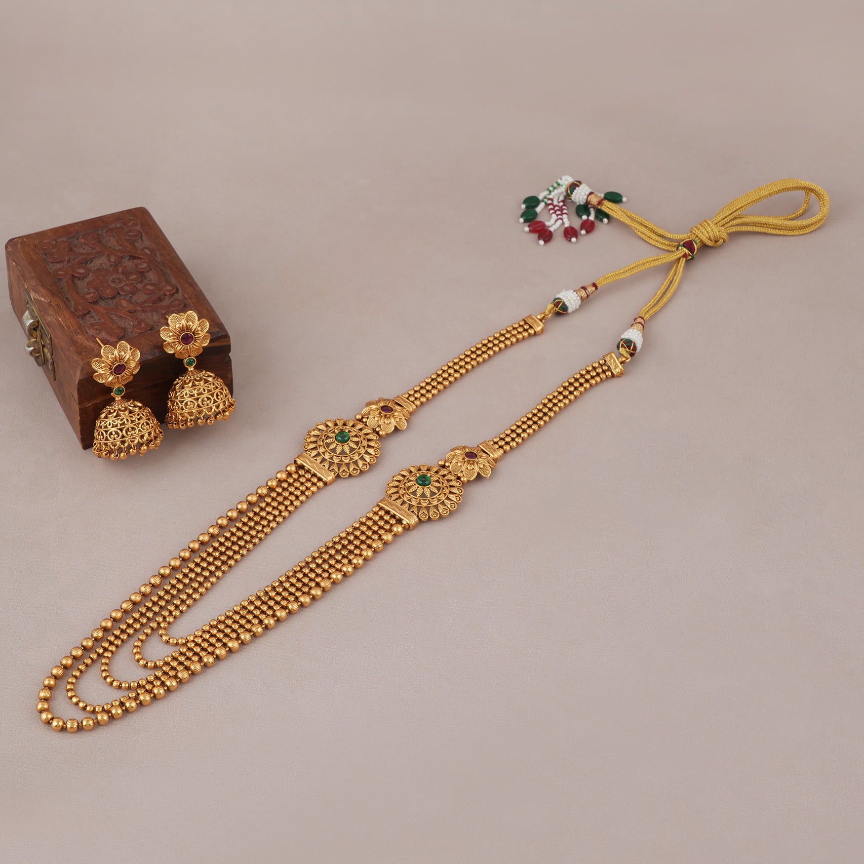 Long antique gold plated ball necklace set for women