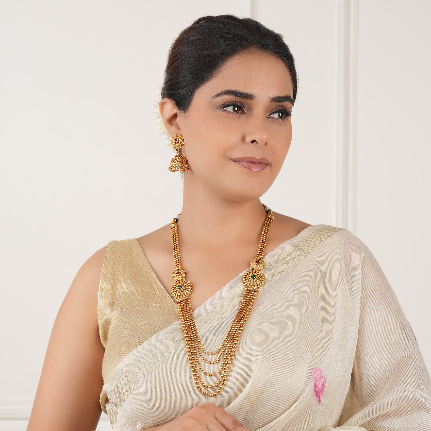 Long antique gold plated ball necklace set for women