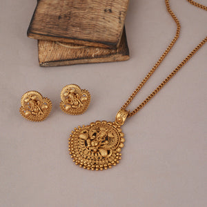 Beautiful antique gold ganesh pendant set with earring I Temple jewellery