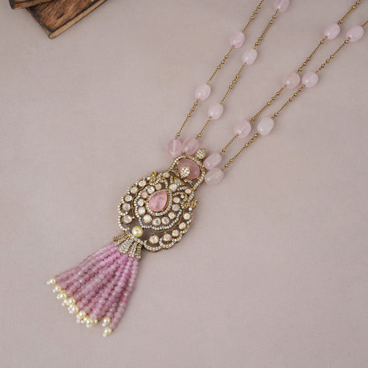 Long stunning rose quartz kundan necklace set