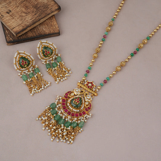 Stunning gold multicolor stone long necklace set