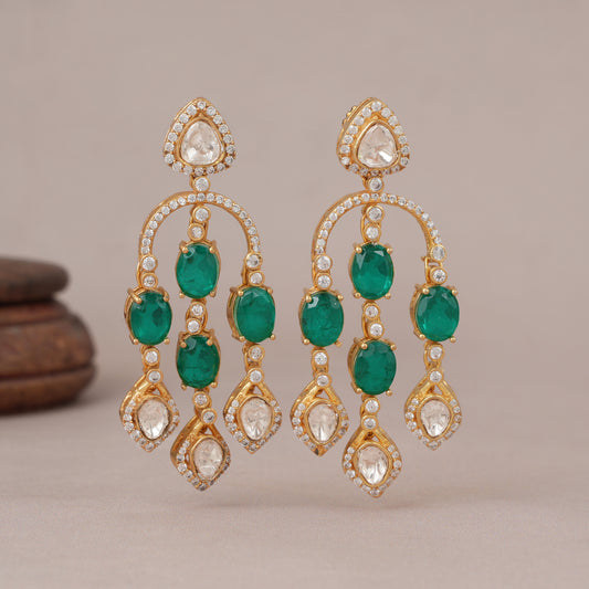 Long gold plated emerald stone earring