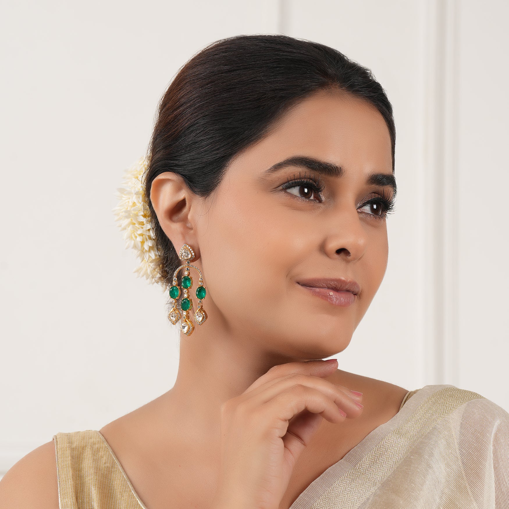 Long gold plated emerald stone earring