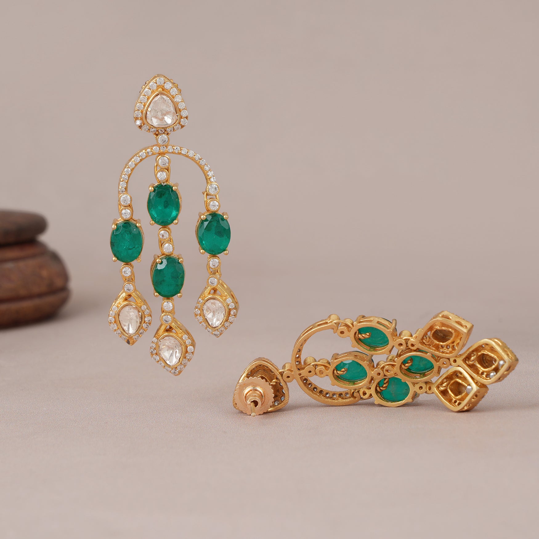 Long gold plated emerald stone earring