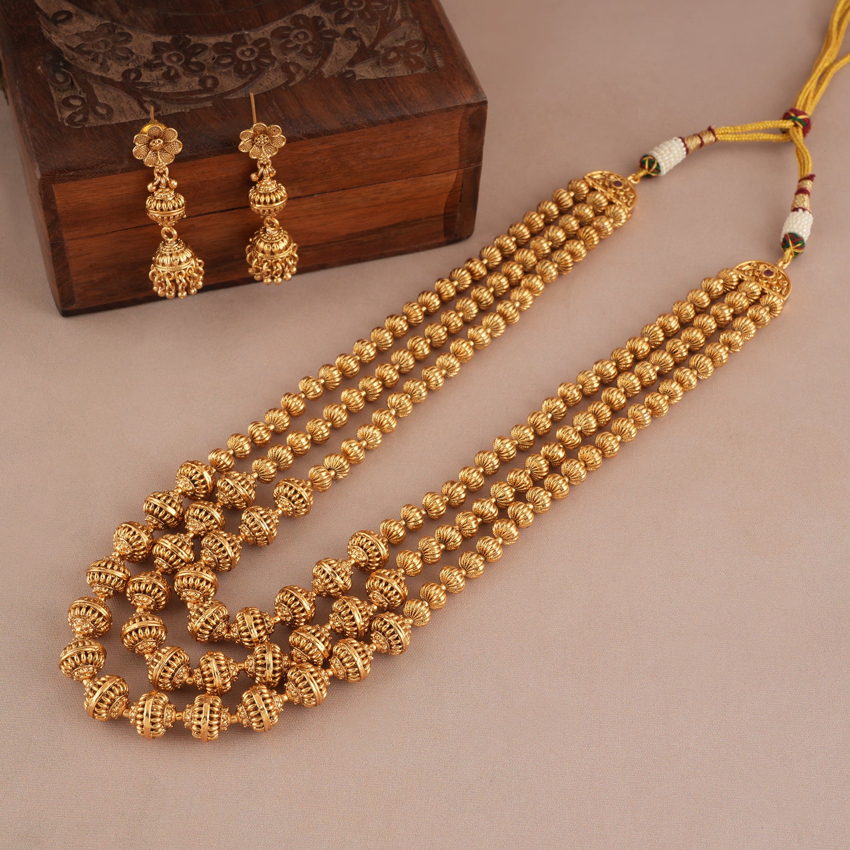 Beautiful antique gold ball 3 layer mala necklace