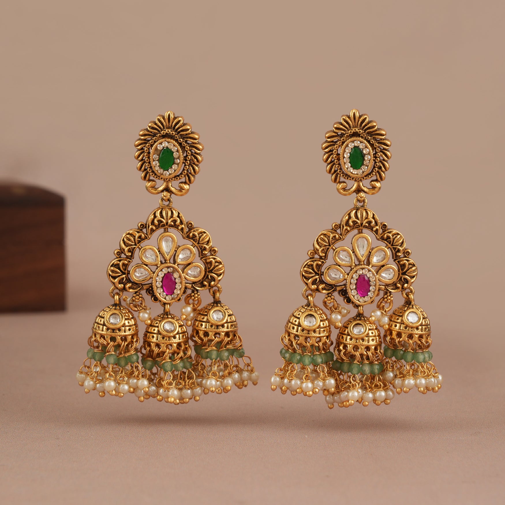 Stunning long antique gold jhumka stone earring