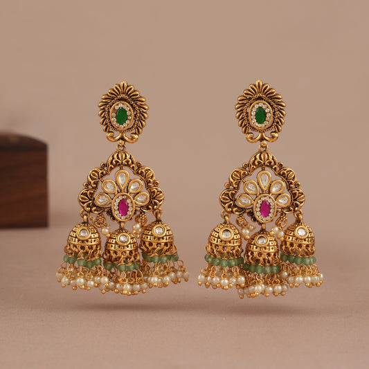 Stunning long antique gold jhumka stone earring