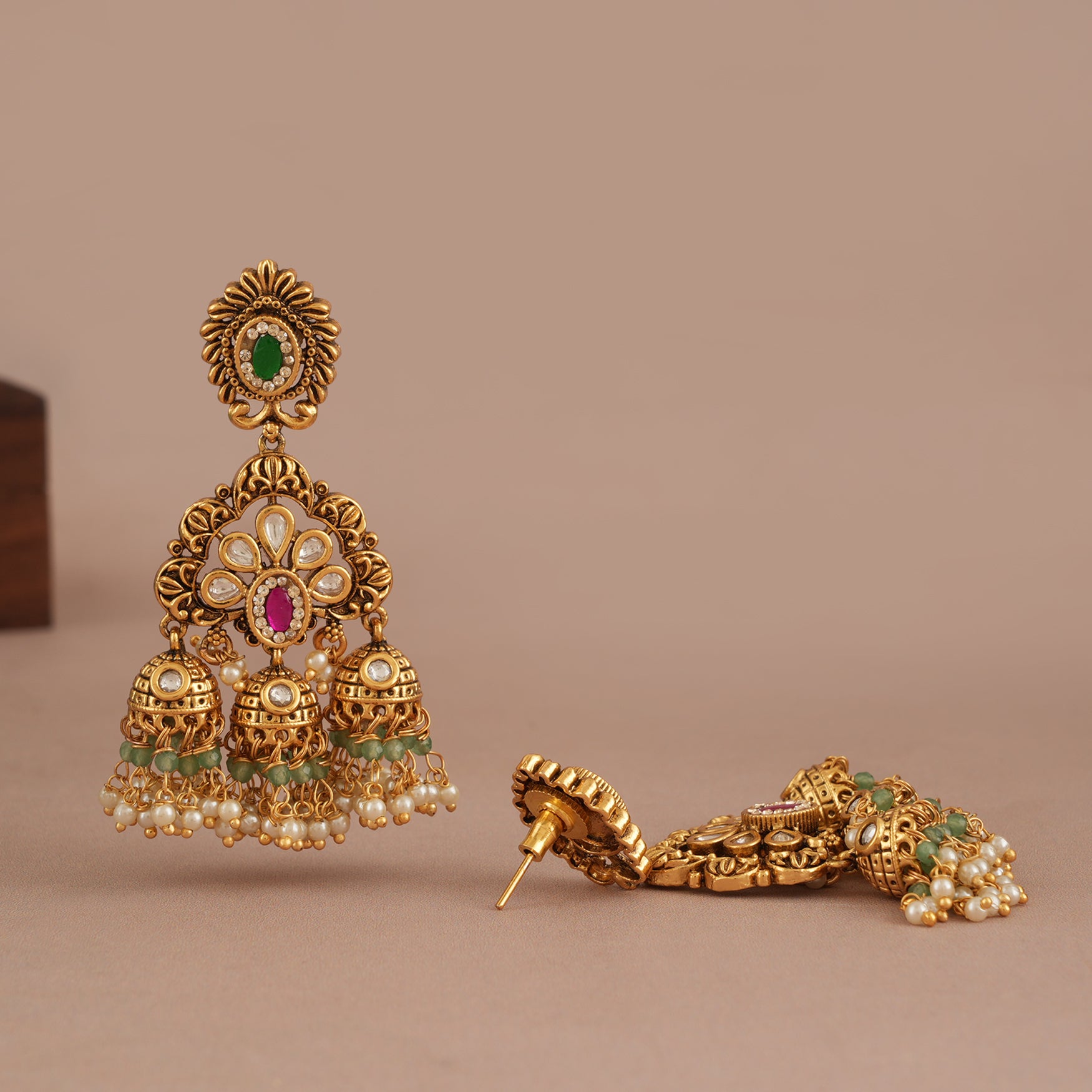 Stunning long antique gold jhumka stone earring
